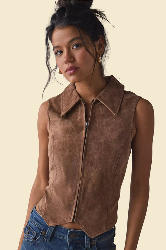 Women’s cowgirl style brown suede leather vest with Western cut