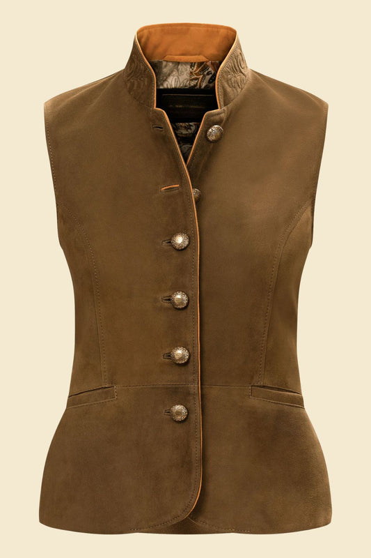 Women's brown suede leather vest with embroidered collar and soft polyester lining.