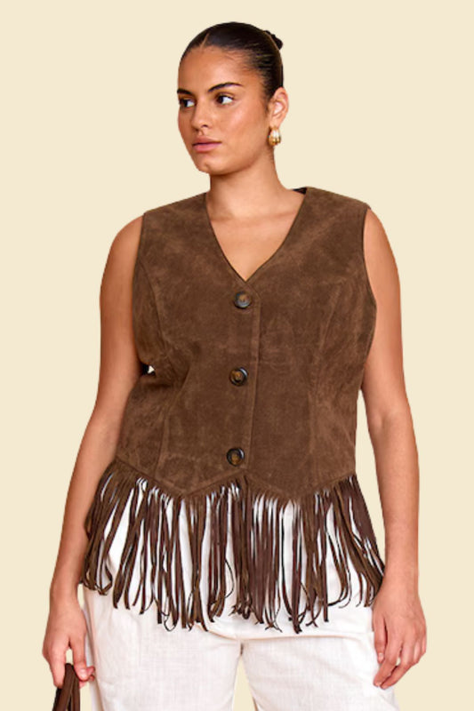 Women’s brown suede leather vest with Western fringe style
