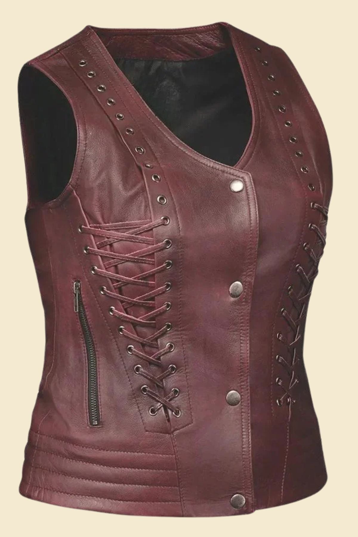 Women’s burgundy motorcycle vest made of genuine sheepskin leather with a tailored biker fit.
