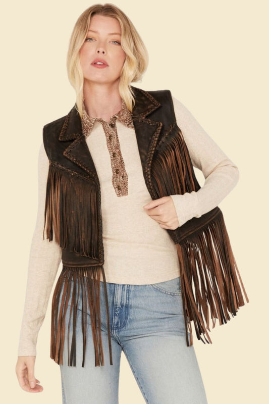 Dark brown leather fringe vest for women in Western style.