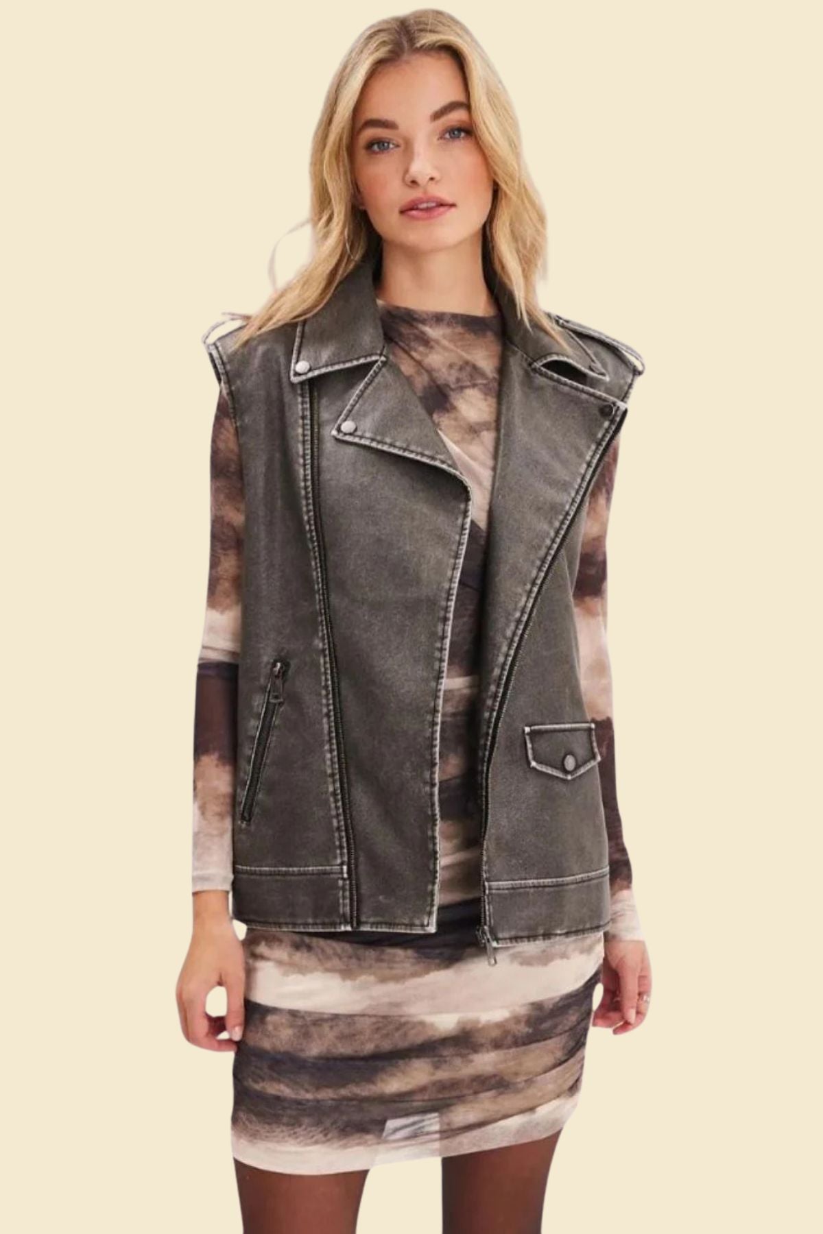 Distressed gray leather biker vest for women made of genuine cowhide