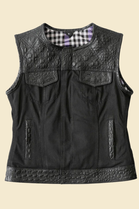 Women’s embossed crocodile black leather motorcycle vest 