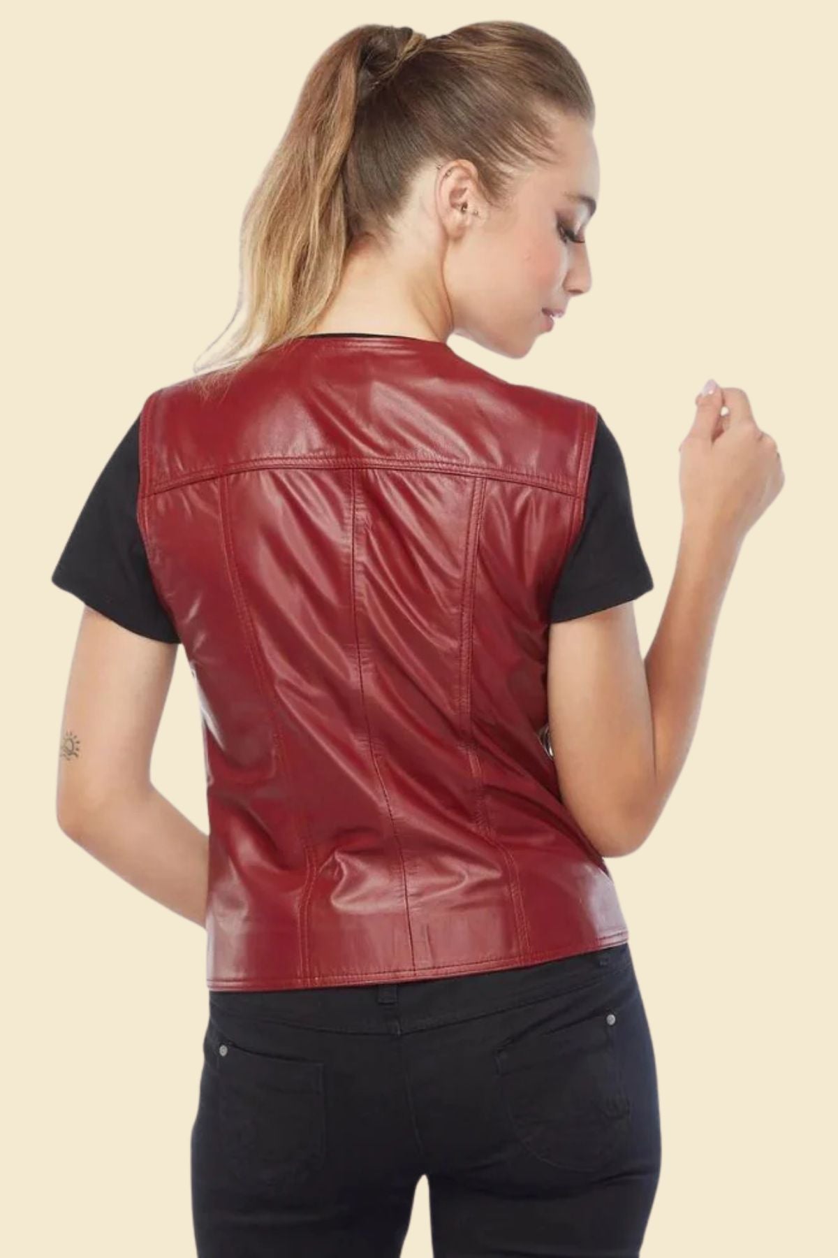 Slim-fit lambskin leather vest in red designed for biker style.