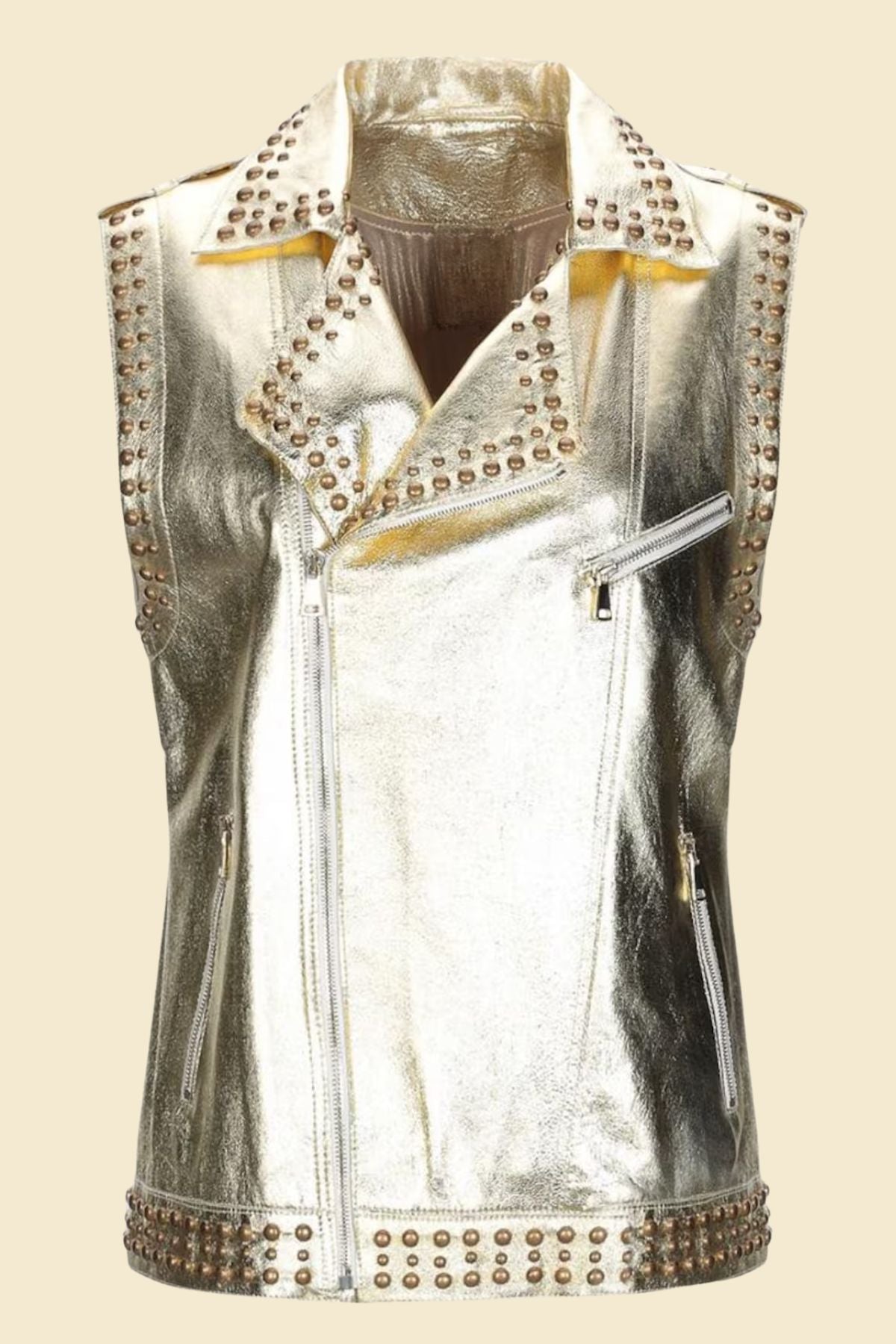 
Women’s metallic leather biker vest with silver shine and metal studs.