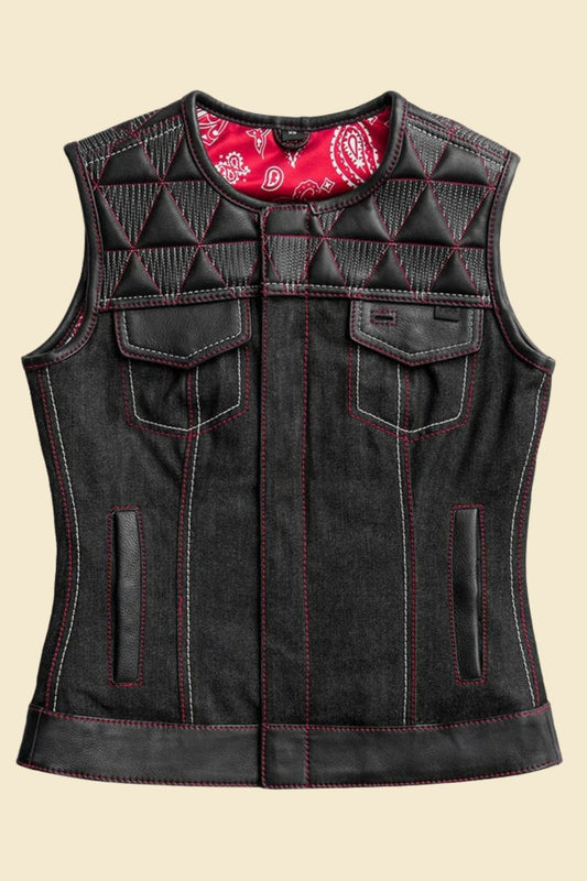 Women’s quilted black biker vest in leather and denim