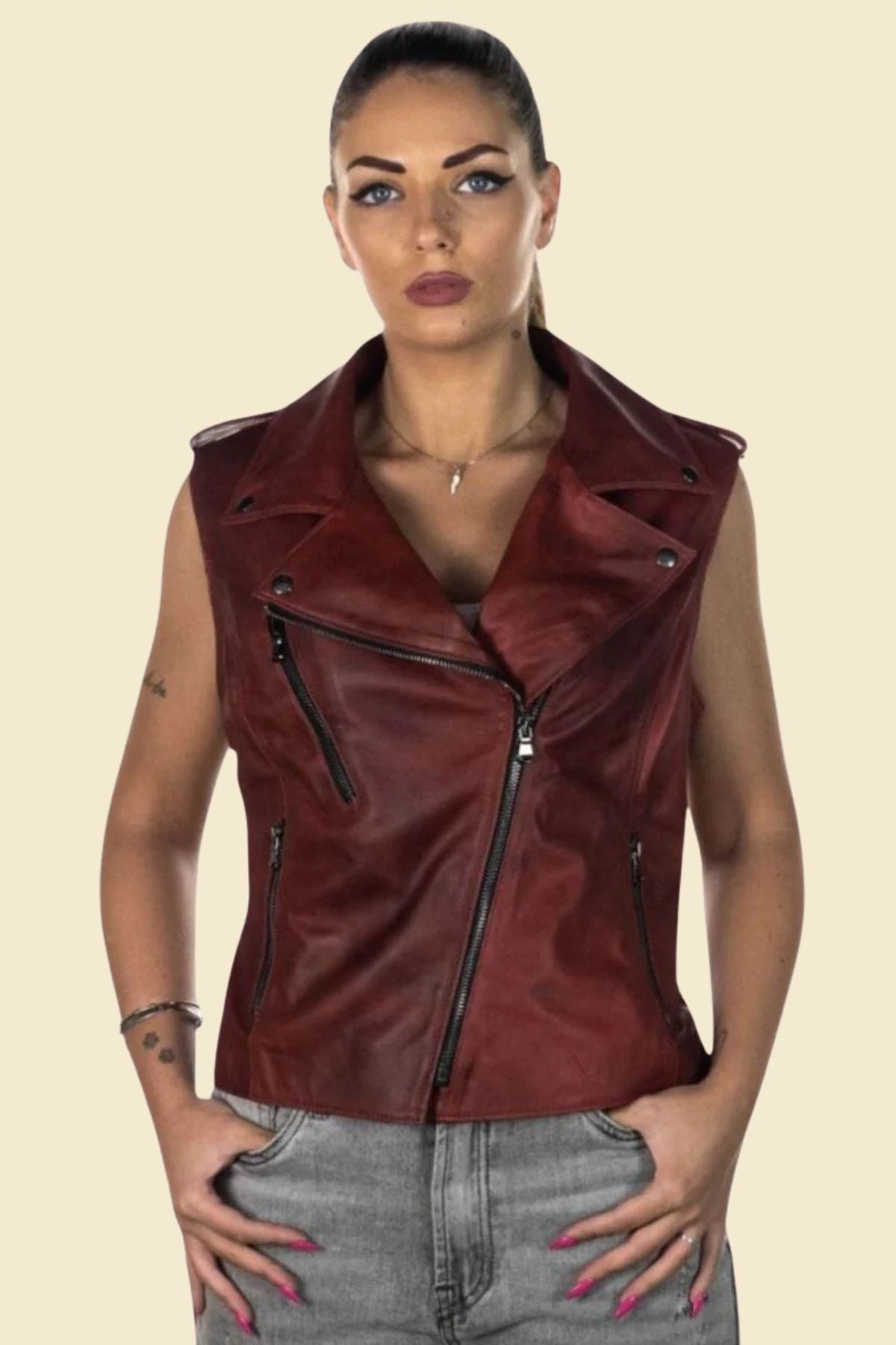 Women’s red vintage leather biker vest made from genuine cowhide.