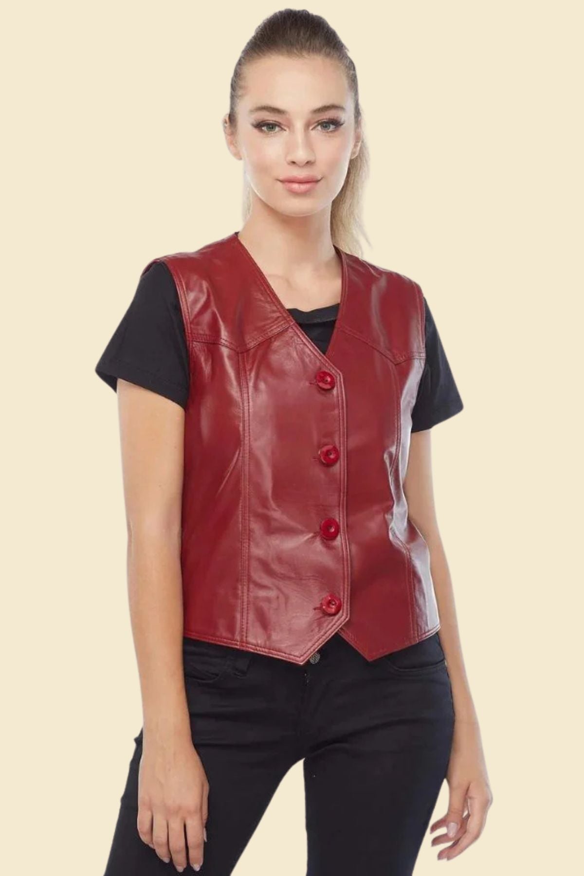 Women’s red leather motorcycle club vest made from genuine lambskin.