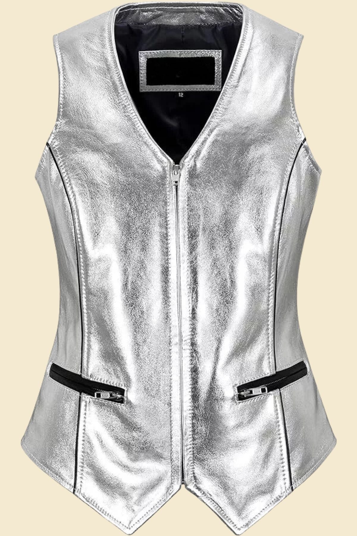 Women’s silver metallic leather vest with shiny finish and modern silhouette.