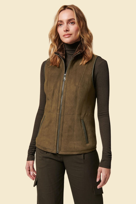 Women’s suede lambskin leather vest with faux fur lining for cozy layering.