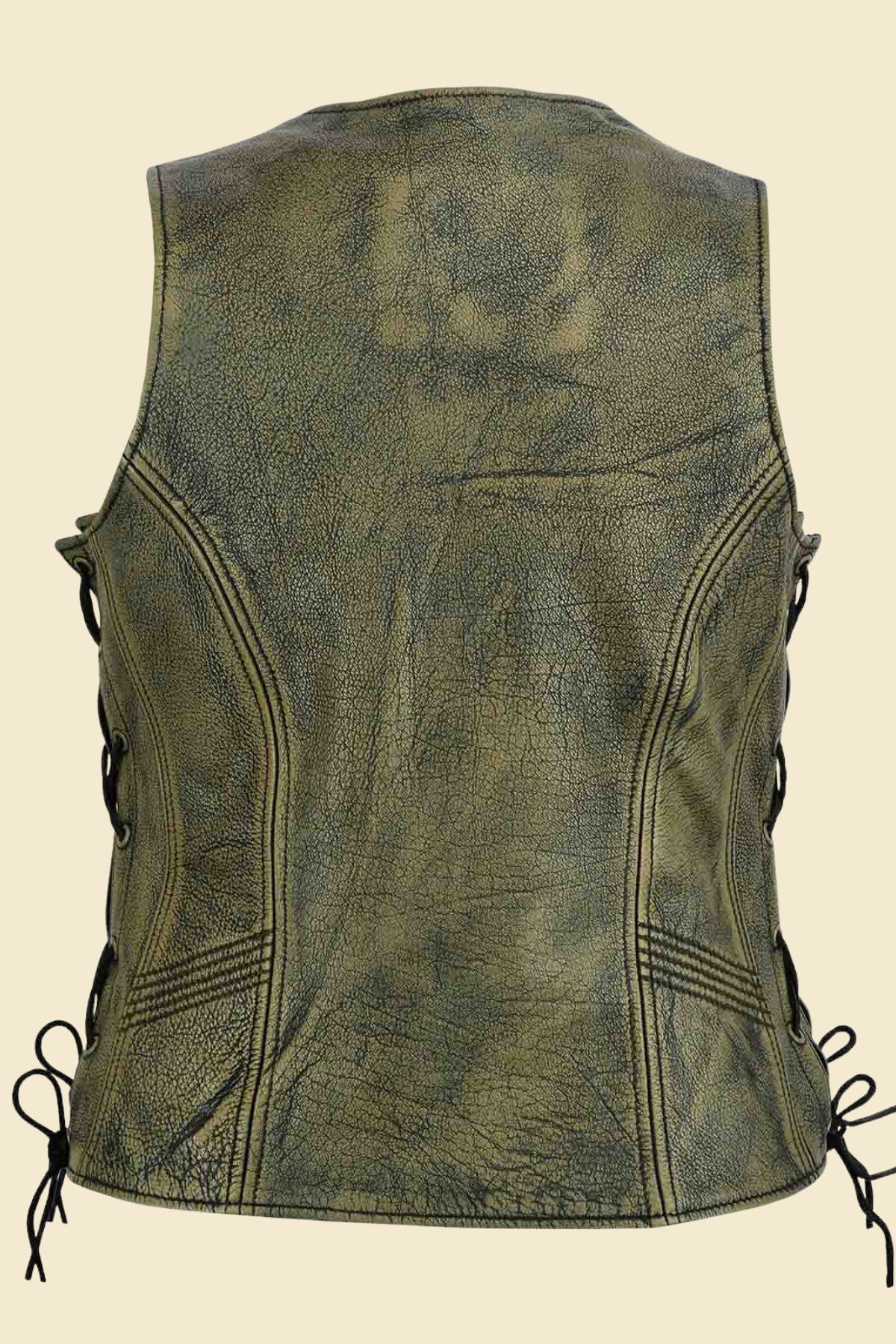 Women's moto-style leather vest with rugged texture and lightweight polyester lining.