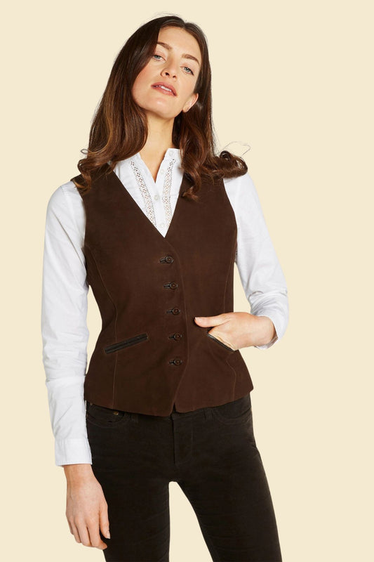Women's dark brown suede leather vest in Western cowgirl style.