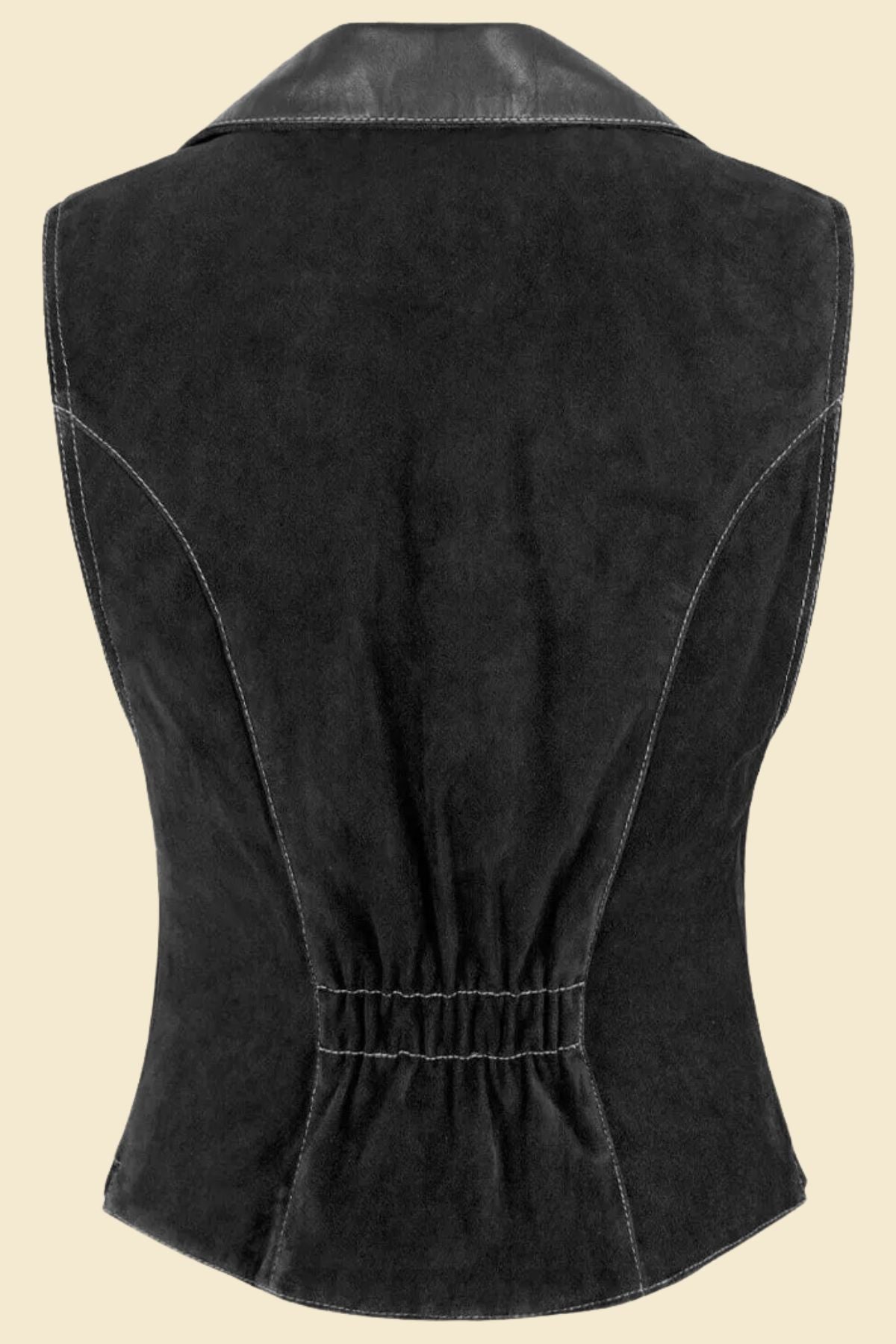 black suede cowgirl-style vest with tailored fit.
